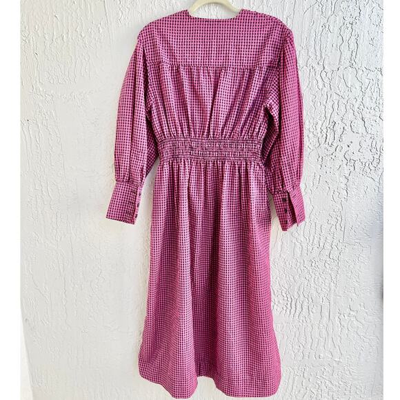 $400 Ganni Shirred Gingham Seersucker V-Neck Midi Dress Pink/Black Sz 36 / US 10 - Picture 7 of 10